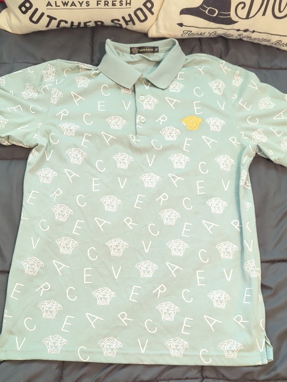 Versace Light Green Medusa Logo All Over Polo Shirt Size M